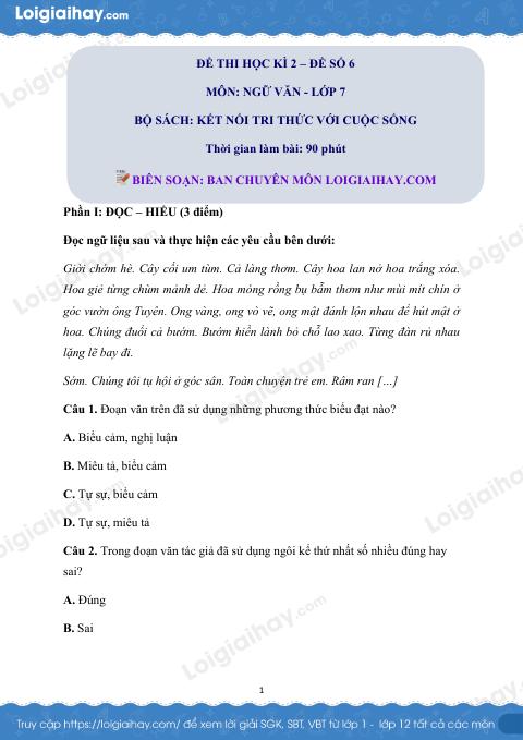Đề thi học kì 2 Văn 7 Kết nối tri thức - Đề số 6